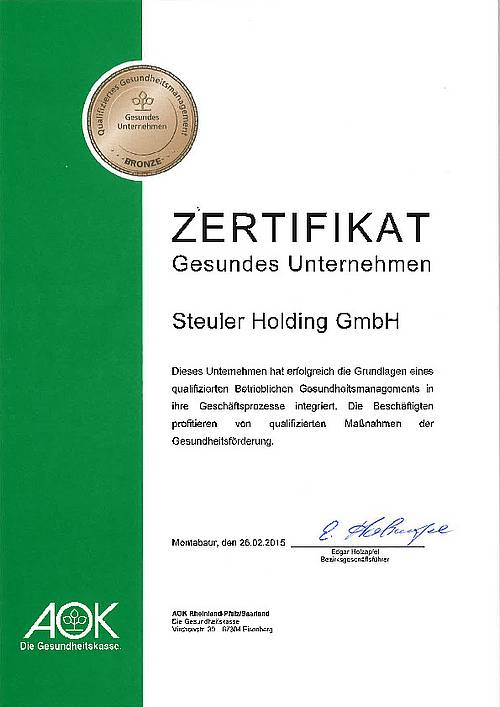 Zertifikat Gesundes Unternehmen der AOK für Steuler Holding